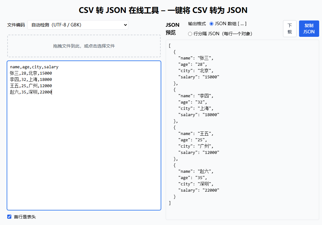 CSV to JSON Usage Example